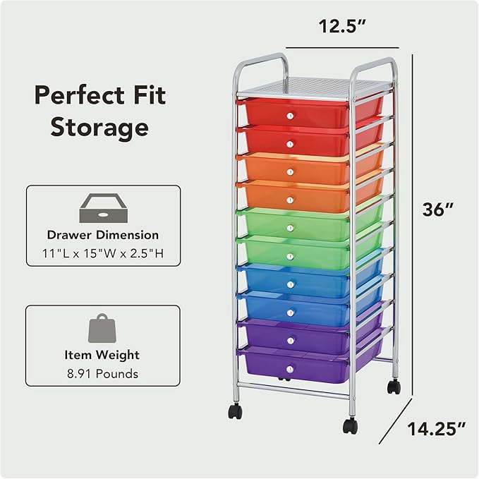 Display By Jack 10-Drawer Rainbow Storage Cart with Top Shelf, Color-Coded Organizer on Locking Wheels, Slim 36" Chrome Frame for Classroom, Art Studio, Home, or Office