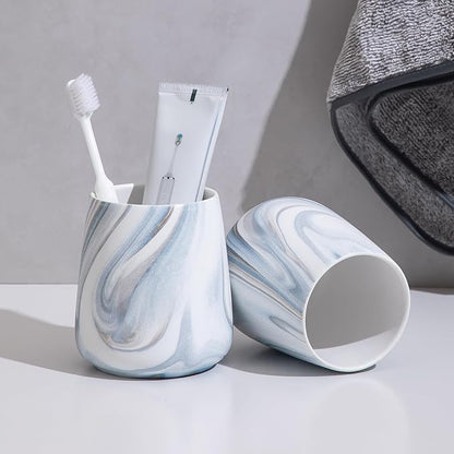 2Pcs Toothbrush Holder for Bathroom - Marble Blue Ceramic Tooth Brushing Holders Set, Toothbrush Cup & Toothpaste Organizer for Bathroom Countertop, Makeup Brush Holder, Pen Holder for Home Storage