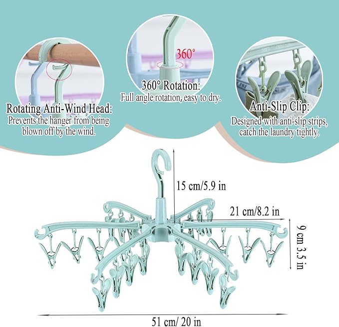 Foldable Drying Rack with 24 Clips for Drying Socks Lingerie Baby Clothes Drying Towels Rotatable Sock Drying Rack 2pcs (Green)