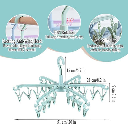 Foldable Drying Rack with 24 Clips for Drying Socks Lingerie Baby Clothes Drying Towels Rotatable Sock Drying Rack 2pcs (Green)