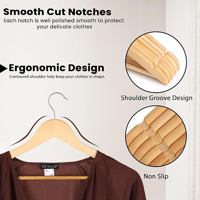 Kings Lifestyle Hub Wooden Hangers Premium Natural Bamboo Wood Hanger Well Polished Ergonomic Design & Sharply Cut Notches with Swivel Hook (Light Brown, Pack of 30)
