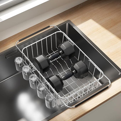 Small Dish Drying Rack in Sink, Extendable Stainless Steel Dish Drainers for Kitchen Counter, Anti-Rust Dish Dryer Rack with Utensil & Cup Holders, for Inside Sink, Over The Sink(for 1-2 People)