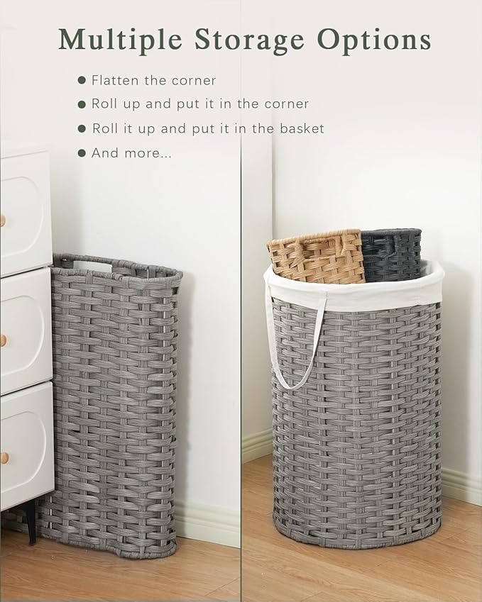34.3 Gal (130 L) Large Laundry Hamper Laundry Basket Round Handwoven Wicker Laundry Baskets Rattan Laundry Basket with Removable Bag Handles 2 Mesh Bags for Living Room Bedroom Gray (No Lid)