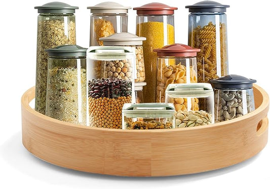 13in Bamboo Lazy Susan Pantry Turntable Organizer and Storage with Tall Side Anti Fall for Countertop and Spice Organization for Table Top Round Seasoning Condiment Tray for Kitchen (Bamboo-2, 13in)