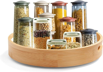 12in Bamboo Lazy Susan Pantry Turntable Organizer and Storage with Tall Side Anti Fall for Countertop and Spice Organization for Table Top Round Seasoning Condiment Tray for Kitchen