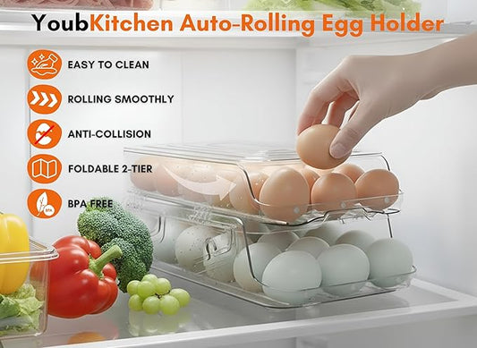 Egg Holder for Fridge (36 Eggs) | Automatic Rolling Dispenser for Refrigerator, Foldable | Fits All Egg Sizes Without Collision, Clear, Durable, BPA-Free with Lid | Gift: Egg Separator