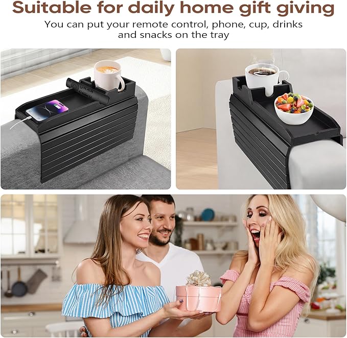 Foldable Bamboo Couch Arm Tray with Cup Holder - Anti-Slip Sofa Armrest Organizer for Drinks, Snacks, Remotes, Phones & More - Eco-Friendly Home Decor Gift (Black)