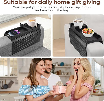 Foldable Bamboo Couch Arm Tray with Cup Holder - Anti-Slip Sofa Armrest Organizer for Drinks, Snacks, Remotes, Phones & More - Eco-Friendly Home Decor Gift (Black)