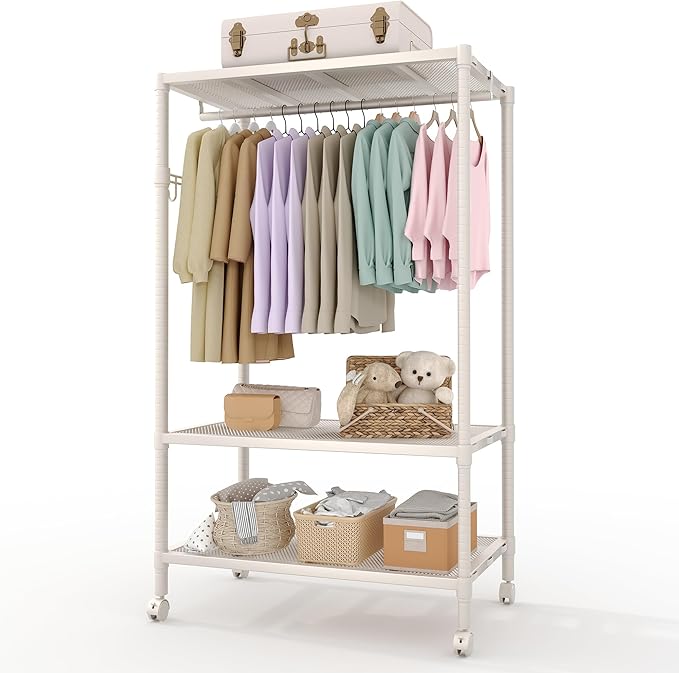 Clothes Rack with Wheels Heavy-Duty, 3-Tier Rolling Garment Rack with Adjustable Shelves & Side Hooks, Freestanding Wardrobe Metal Clothing Rack for Bedroom Cloakroom, 70.2"H x 45.4"W x 17.8"D
