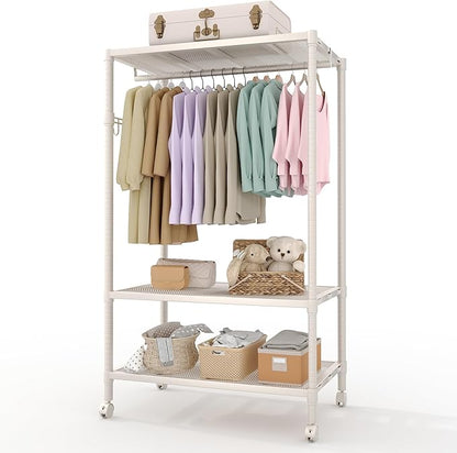 Clothes Rack with Wheels Heavy-Duty, 3-Tier Rolling Garment Rack with Adjustable Shelves & Side Hooks, Freestanding Wardrobe Metal Clothing Rack for Bedroom Cloakroom, 70.2"H x 45.4"W x 17.8"D