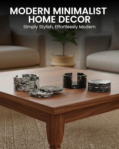Marble Set of 6-3.7" Round Marble Drink Coasters, Cork Backing Non-Slip, Office Protect Tables from Stains and Scratches, Zebra Black