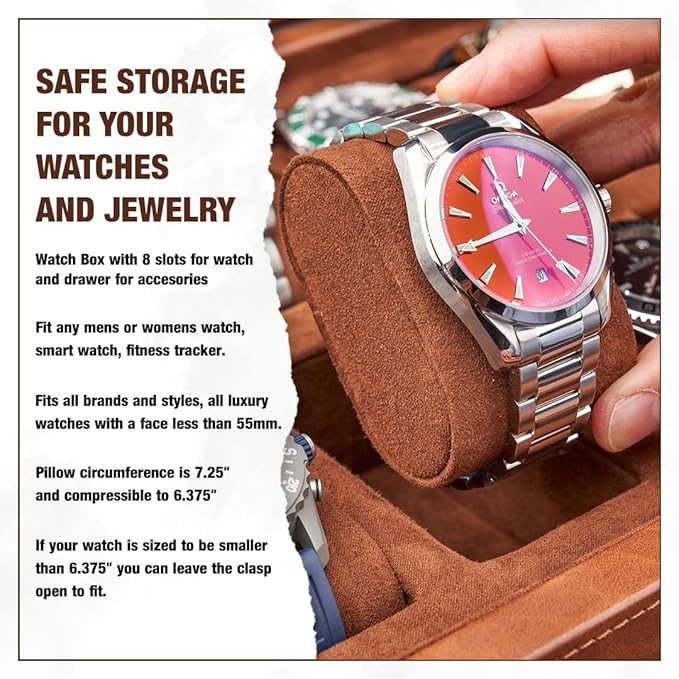 Awesometik Leather Watch Box Organizer. Real Glass Top. Luxury Watch Display & Watch Holder for Men. Watch Collection, Protection. For Men Ready to Gift (Brown/Brown, 8 Slot Watch Box with Drawer)
