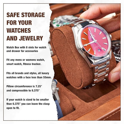 Awesometik Leather Watch Box Organizer. Real Glass Top. Luxury Watch Display & Watch Holder for Men. Watch Collection, Protection. For Men Ready to Gift (Brown/Brown, 8 Slot Watch Box with Drawer)