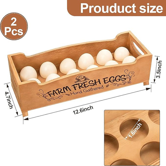 Wooden Farm Fresh Egg Holder Set of 2, Stackable Egg Trays with 12 Slots (24 Total), Brown Countertop Organizer for Fresh Eggs, 2-Tier Kitchen Counter Storage Eggs Crate