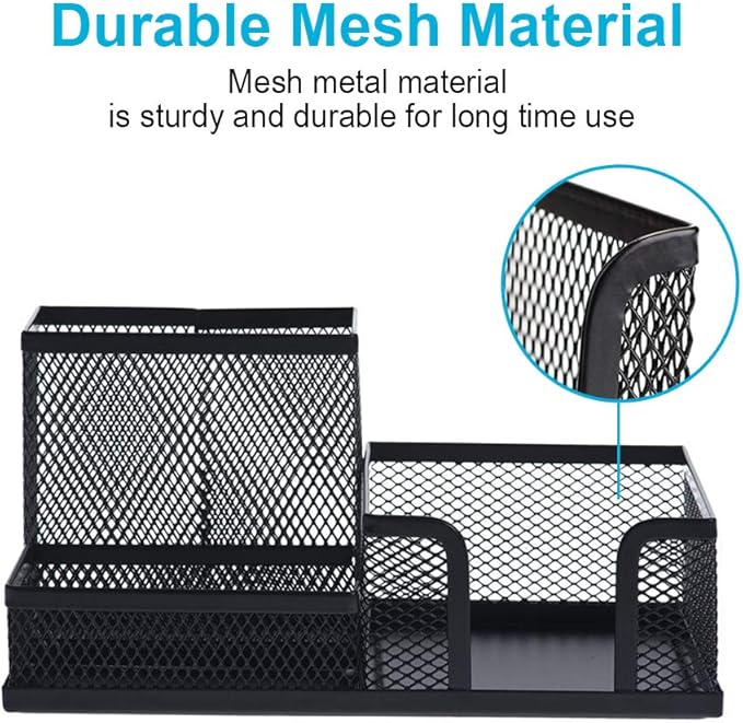 2-Piece Desk Pen & Pencil Organizer - Mesh Metal Pen Cup with Sticky Notes Holder, Black | Pen Cup, Marker Holder, Desk Caddy, Pen Organizer, Workspace