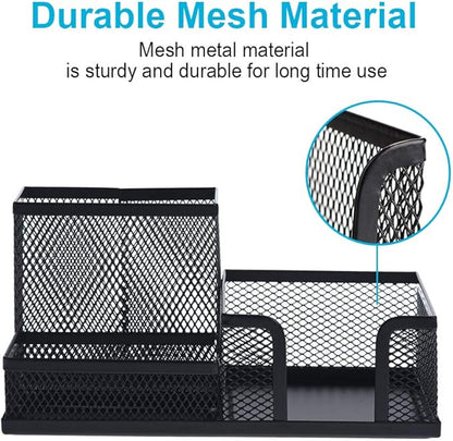 2-Piece Desk Pen & Pencil Organizer - Mesh Metal Pen Cup with Sticky Notes Holder, Black | Pen Cup, Marker Holder, Desk Caddy, Pen Organizer, Workspace