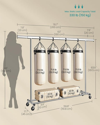 SONGMICS Clothes Rack with Wheels, Heavy-Duty Clothing Rack for Hanging Clothes, Portable, 17.7 x (63-78.7) x 63.6 Inches, with Extendable Rail, 330 lb Load Capacity, Silver UHSR175E01