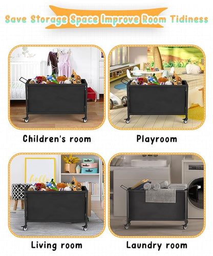 100L Large Kids Toy Box with Wheels, Toy Chest Storage Organizer for Toddlers, Boys, Girls, Toy Storage Bin for Stuffed Animals, PlayRoom, Bedroom, Nursery, Living Room, Black