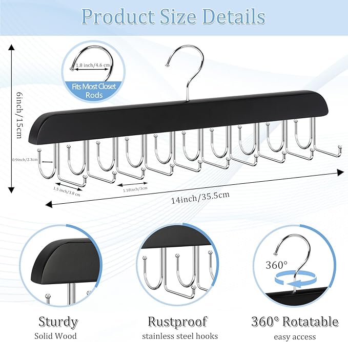 2-in-1 Belt and Tie Hanger for Closet, Upgraded Tie Rack with 20 Foldable Non-Slip Hooks, Max 30 Belts and 30 Ties, Space-Saving Wooden Tie and Belt Organizer for Camisoles, Bras, Scarves