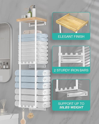 HapiRm Towel Racks for Bathroom Storage - Wall Mounted Towel Holder with Shelf, Rolled Towel Storage Bath Towel Organizer for Small Bathroom, Camper, Rv - White