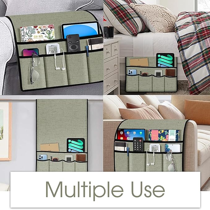 Joywell Remote Holder for Recliner Armchair Caddy Couch Armrest Non Slip Sofa Arm Chair Caddie with 6 Pocket for Magazine, Tablet, Phone, iPad, Think Linen, Sage Green