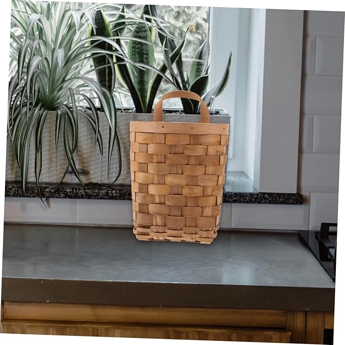 Wall Mount Organizer Woven Hanging Basket for Kitchen Storage Wood Organizer Bin for Makeup Essentials Bathroom Bedroom Closet Door Hanging Storage