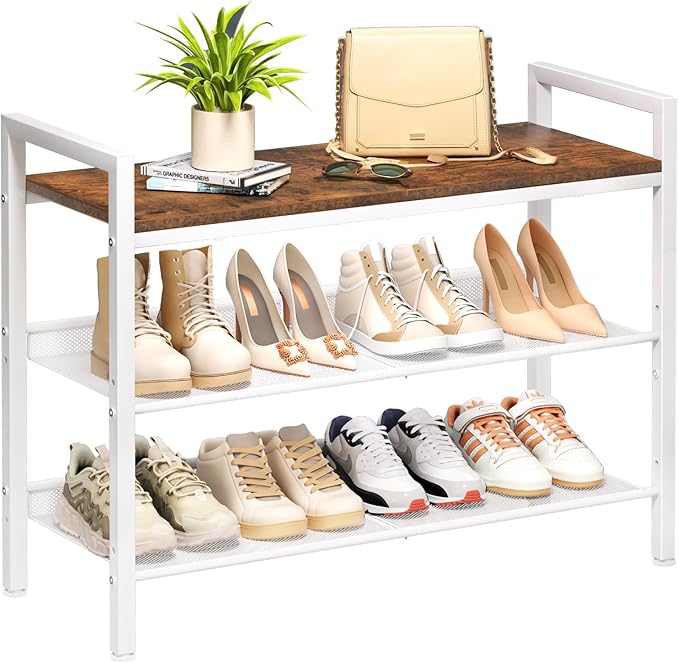 Shoe Rack for Front Door Entrance, 3 Tier Shoe Rack for Entryway, Shoe Shelf for Closet, Metal Shoe Racks Organizer with Sturdy Wooden Top & Steel Frame,(White+Beige)