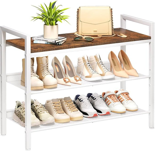 Shoe Rack for Front Door Entrance, 3 Tier Shoe Rack for Entryway, Shoe Shelf for Closet, Metal Shoe Racks Organizer with Sturdy Wooden Top & Steel Frame,(White+Beige)