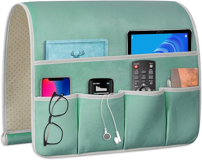 Remote Control Holder for Armchair Caddy, Couch TV Remote Holder for Bed Storage 5 Pockets，Remote Caddy Bedside Organizer Bedside Table Organizer (MintGreen, 35''x18'')