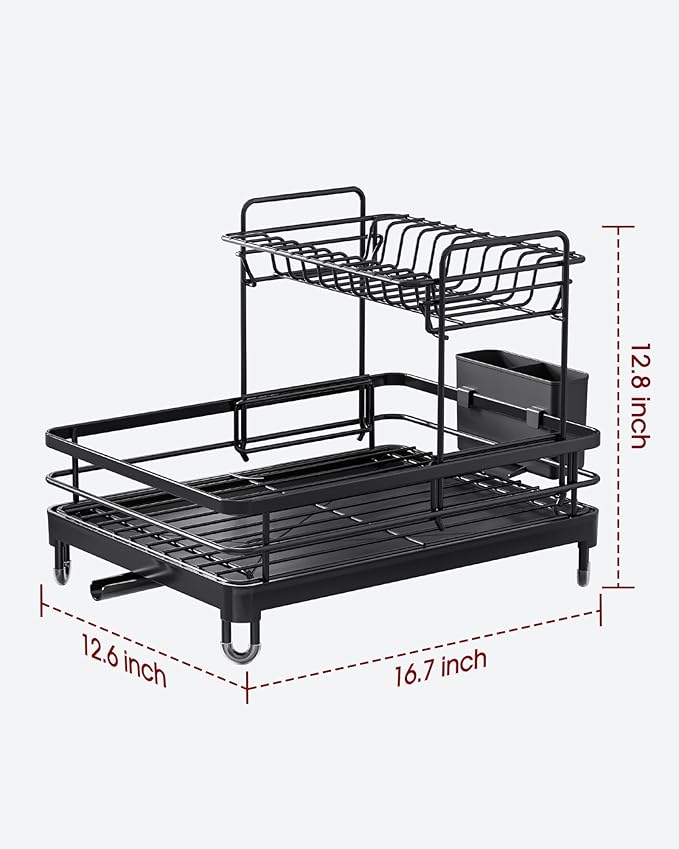 Sakugi Dish Drying Rack - X-Large Stainless Steel Dish Rack for Kitchen Counter, 2-Tier Kitchen Organizers and Storage for Dishes, Bowls, Cutlery, Black