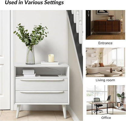 HULALA HOME End Table with Charging Station, Mid-Century Modern 2 Drawer and Open Shelf, Fluted End Table（White, Set of 2）