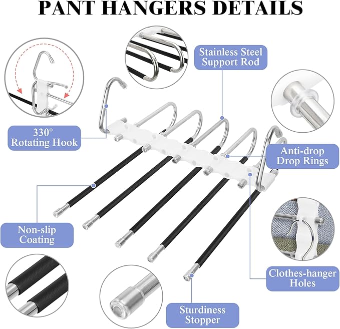 SAN LIKE 2 Pack 5 Layers Pants Hangers Space-Saving Stainless Steel Closet Hangers 20pcs Fixed Clips Non-Slip Multi-Functional Pants Rack Two Hanging Modes for Trousers Jeans Leggings Scarf Skirts