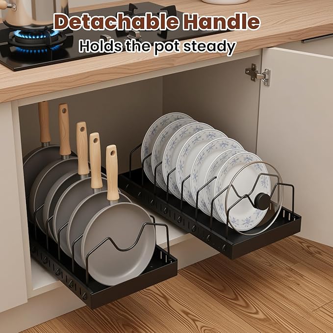 WODHMIEY 2 Pcs Pots and Pans Organizer Under Cabinet - Expandable Pull Out Cabinet Organizer for Pots and Pans, Pan and Lid Organizers Inside Cabinet, Adjustable Storage Rack (BLACK)