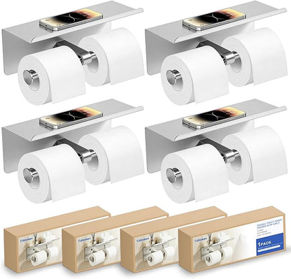 4 Pack Double Toilet Paper Holder with Shelf, Wall Mount Tissue Roll Holder, Heavy Duty 304 Stainless Steel Commercial Toilet Paper Dispenser with Phone Shelf for Home, Hotel, Office, Restaurant