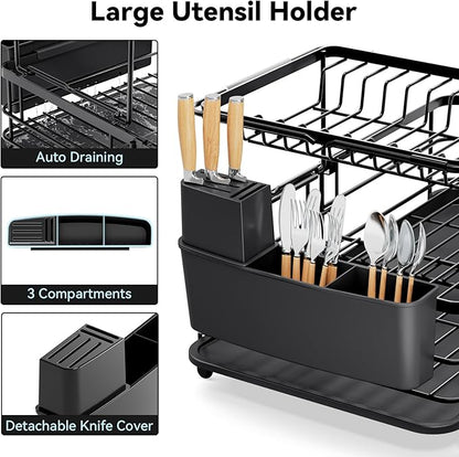 2 Tier Dish Drying Rack, Expandable Two Tier Dish Rack for Kitchen Counter, Extendable Over The Sink Dish Drainer, Large Multifunctional Dish Strainer with Removable Top Shelf for in Sink Use, Black