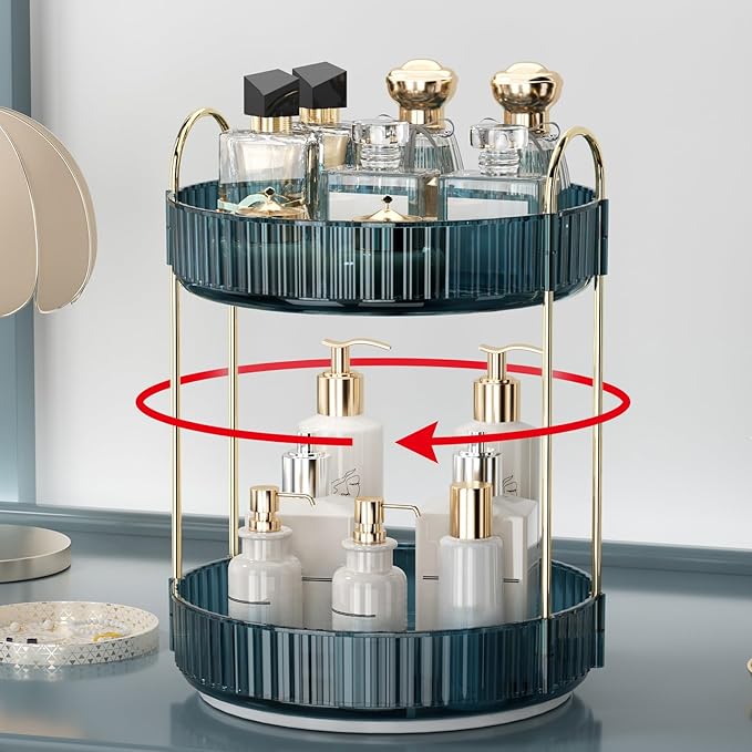 Weidace 360 Rotating Makeup Organizer for Vanity, Bathroom Countertop Organizer Spinning Perfume Organizer, High-Capacity Cosmetic and Skincare Dresser Make Up Holder Rack (2 Tiers, Blue)