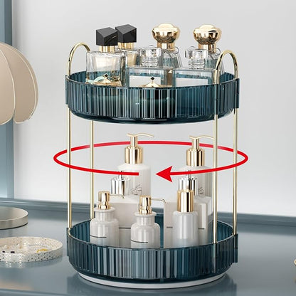 Weidace 360 Rotating Makeup Organizer for Vanity, Bathroom Countertop Organizer Spinning Perfume Organizer, High-Capacity Cosmetic and Skincare Dresser Make Up Holder Rack (2 Tiers, Blue)