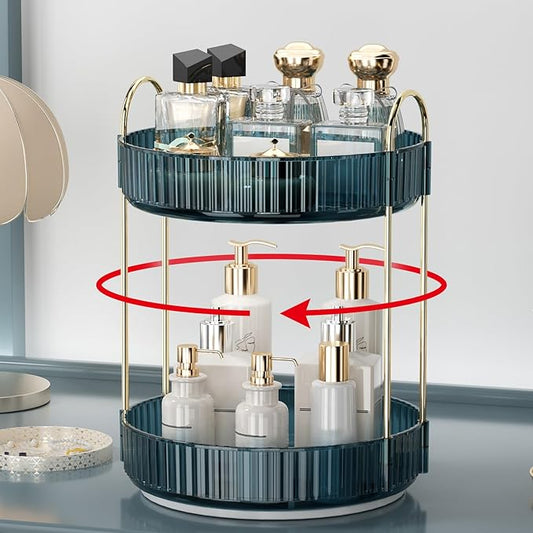 Weidace 360 Rotating Makeup Organizer for Vanity, Bathroom Countertop Organizer Spinning Perfume Organizer, High-Capacity Cosmetic and Skincare Dresser Make Up Holder Rack (2 Tiers, Blue)