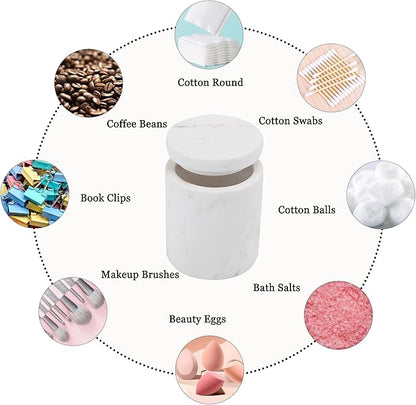 N NANSHOP Natural Marble Canister, Cotton Swab Holder with Lid, High Capacity Bathroom Qtip Holder Storage for Cotton Swab, Floss Picks, Makeup Pad, Bath Salt, Jazz White(NS020)