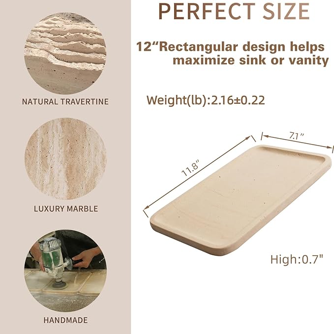 CasaCouture Limetsone Absorbent Vanity Tray for Bathroom Counter-12 X7 Decorative Tray for Perfume, Candles, Stone Jewelry Dish Tray