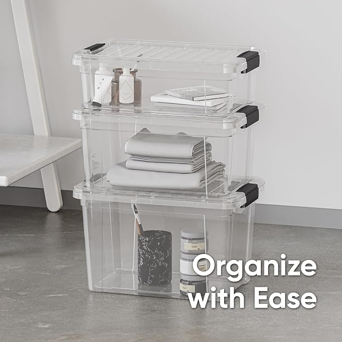 Superio Storage Bins with Lids- 6 Pack, 7.4 Qt Clear Boxes for Organizing, Stackable Plastic Containers- BPA Free, Non-Toxic, Odor Free, Organizer for Home, Office, Dorm