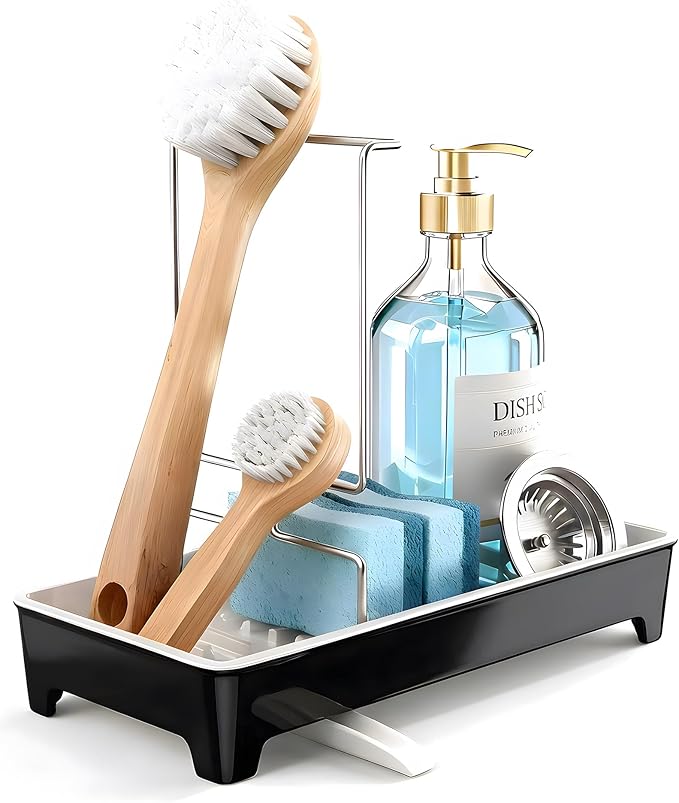 Caumic Minimalist Sink Caddy, Rustproof Sponge Holder for Kitchen Sink with 304 Stainless-Steel Brush Holder, Countertop Rack Organizer with Raised Ridges & Silicone Drain Tube (Black)