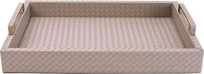 Decorative Serving Tray for Coffee Table, 16"x12" Large Rectangular Ottoman Tray with Gold Handles Faux Leather Serving Trays for Home Decor Living Room, Kitchen and Bedroom -Tan