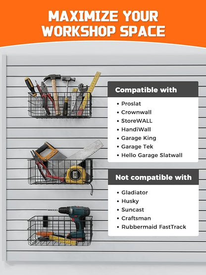 AZUNO 4 Pack Slatwall Baskets Set, Heavy Duty Metal Slat Wall Accessories Wire Baskets, Hanging Storage Organizer for Garage, Shop, Retail Display, Fits Standard Slatwall Panels