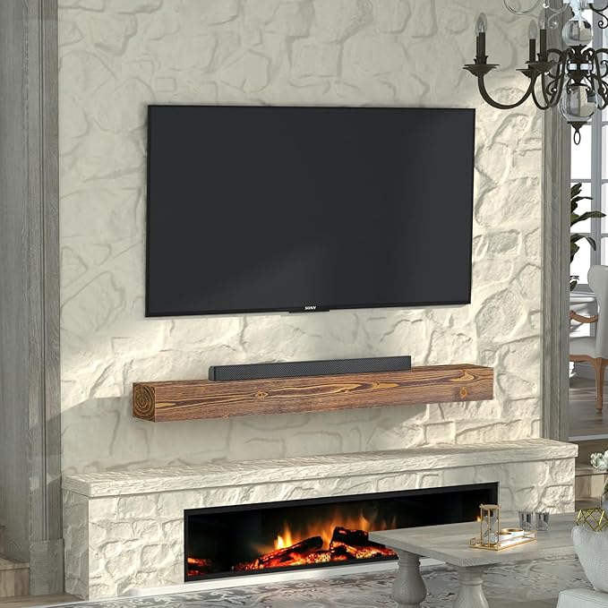 ROOMTEC Fireplace Mantel, 72" Floating Fireplace Shelves, Wall Mounted Wooden Display Shelving, Handcrafted Wood Brack, Natural Mantels Over Fireplace | 72" x 8" x 6" - Brown