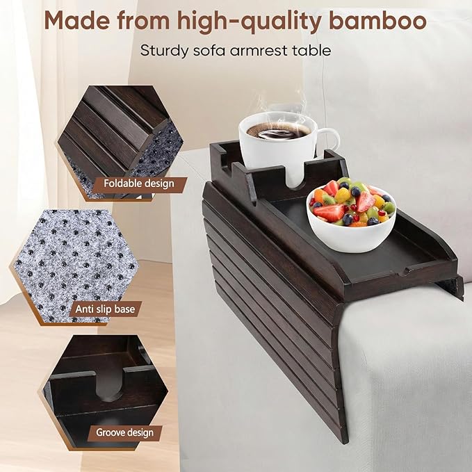 Foldable Bamboo Couch Arm Tray with Cup Holder - Anti-Slip Sofa Armrest Organizer for Drinks, Snacks, Remotes, Phones & More - Eco-Friendly Home Decor Gift (Brown)