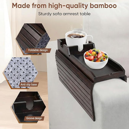 Foldable Bamboo Couch Arm Tray with Cup Holder - Anti-Slip Sofa Armrest Organizer for Drinks, Snacks, Remotes, Phones & More - Eco-Friendly Home Decor Gift (Brown)