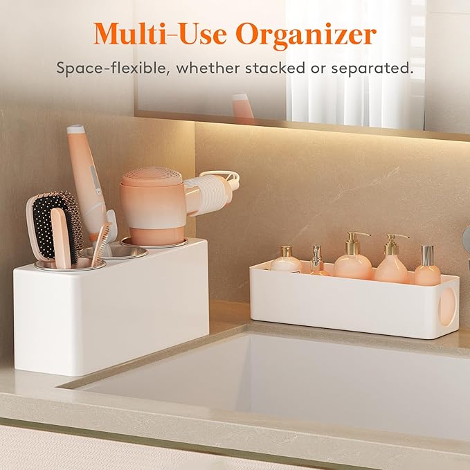 Lifewit Hair Tool Organizer Countertop, Removable Blow Dryer Holder for Bathroom Vanity, Acrylic Hot Tools Organizer Storage for Hair Dryer, Curling Iron, Brush, Straightener, 3 Stainless Cups, White