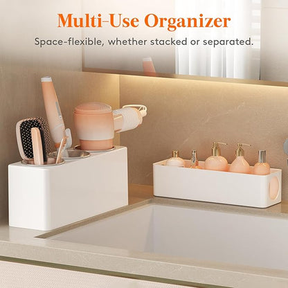 Lifewit Hair Tool Organizer Countertop, Removable Blow Dryer Holder for Bathroom Vanity, Acrylic Hot Tools Organizer Storage for Hair Dryer, Curling Iron, Brush, Straightener, 3 Stainless Cups, White