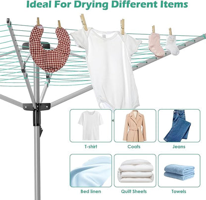 tonchean Rotary Umbrella Drying Rack, Adjustable Height Rotary 4-arm Umbrella Clothesline for Laundry Outdoors Dryer Collapsible Clothes Drying Rack | 12-Lines with 165 ft. Clothesline